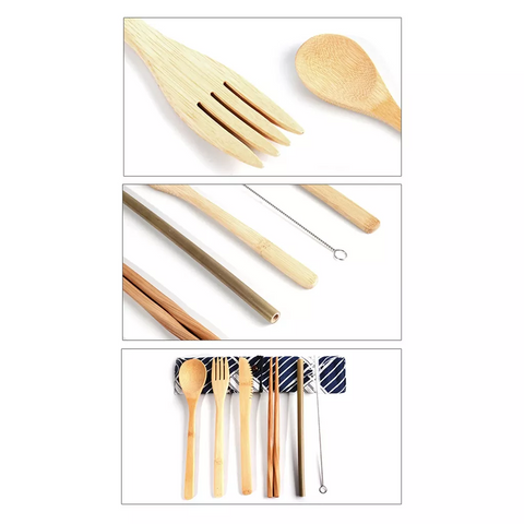 Portable Bamboo Handle Cutlery Travel Eco-Friendly Fork Spoon Set Include Reusable Bamboo Tube Cutlery Slice Fork Spoon Straw