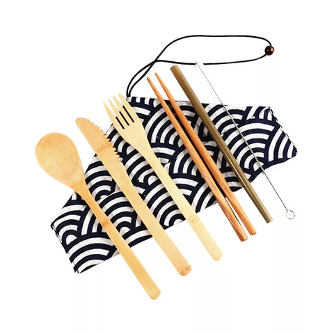 Portable Bamboo Handle Cutlery Travel Eco-Friendly Fork Spoon Set Include Reusable Bamboo Tube Cutlery Slice Fork Spoon Straw