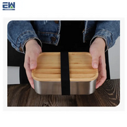 Bamboo lid with resistance bands food fresh lunch bento box Camping traveling food takeout rectangle stainless steel bento box